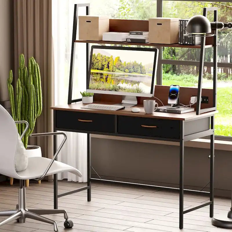 Computer Desk with Power Outlet, USB Ports & Bookshelf, 2 Fabric Drawers, 43.3" Wide, Home Office Study Desk