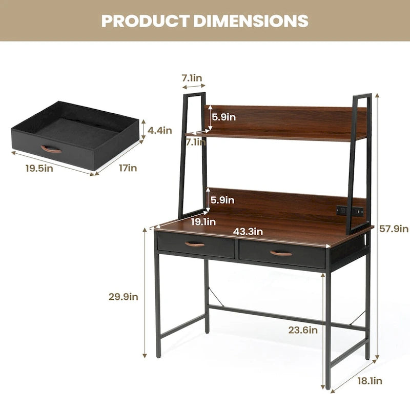 Computer Desk with Power Outlet, USB Ports & Bookshelf, 2 Fabric Drawers, 43.3" Wide, Home Office Study Desk