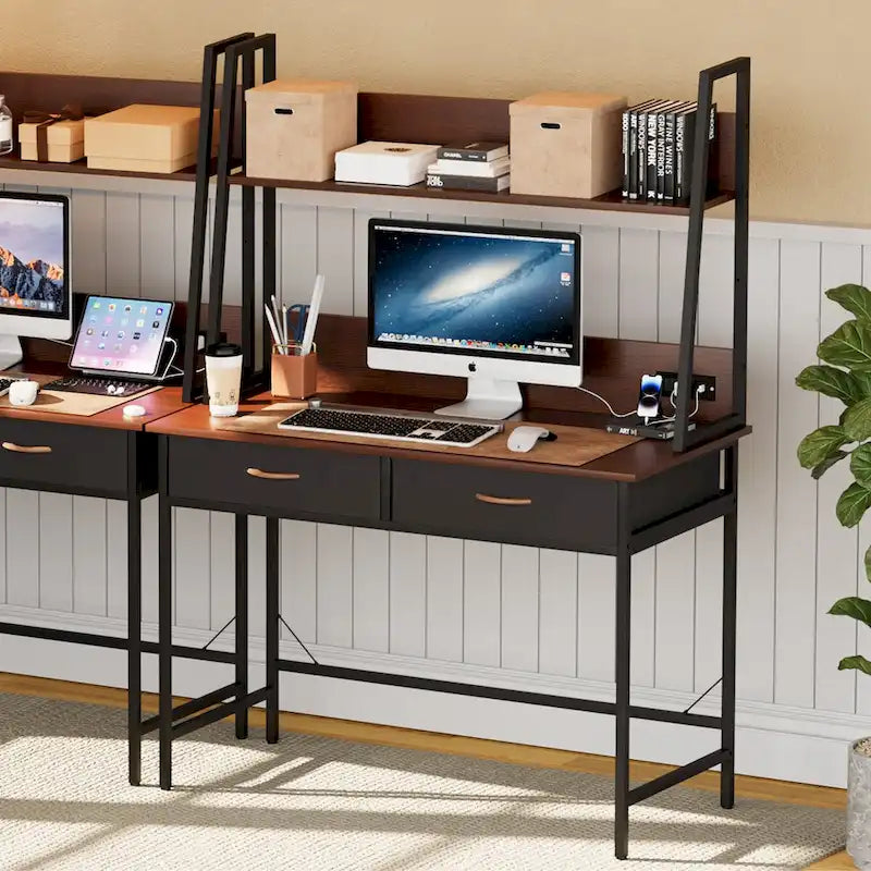 Computer Desk with Power Outlet, USB Ports & Bookshelf, 2 Fabric Drawers, 43.3" Wide, Home Office Study Desk