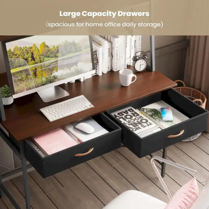 Computer Desk with Power Outlet, USB Ports & Bookshelf, 2 Fabric Drawers, 43.3" Wide, Home Office Study Desk