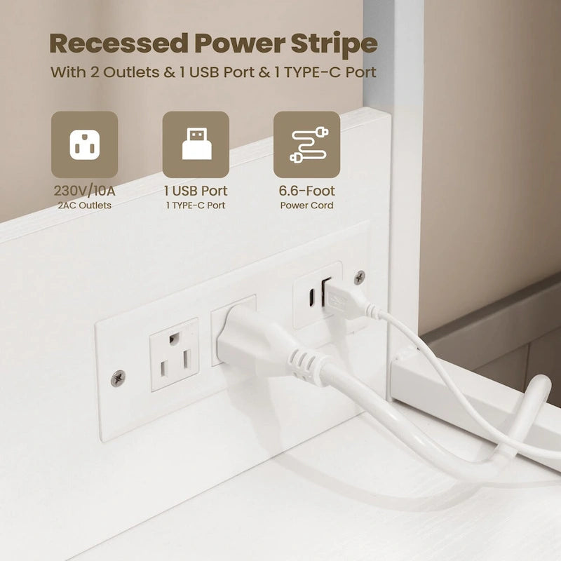 Computer Desk with Power Outlet, USB Ports & Bookshelf, 2 Fabric Drawers, 43.3" Wide, Home Office Study Desk