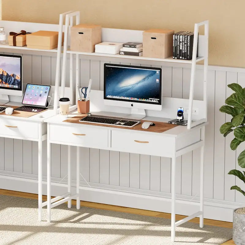 Computer Desk with Power Outlet, USB Ports & Bookshelf, 2 Fabric Drawers, 43.3" Wide, Home Office Study Desk