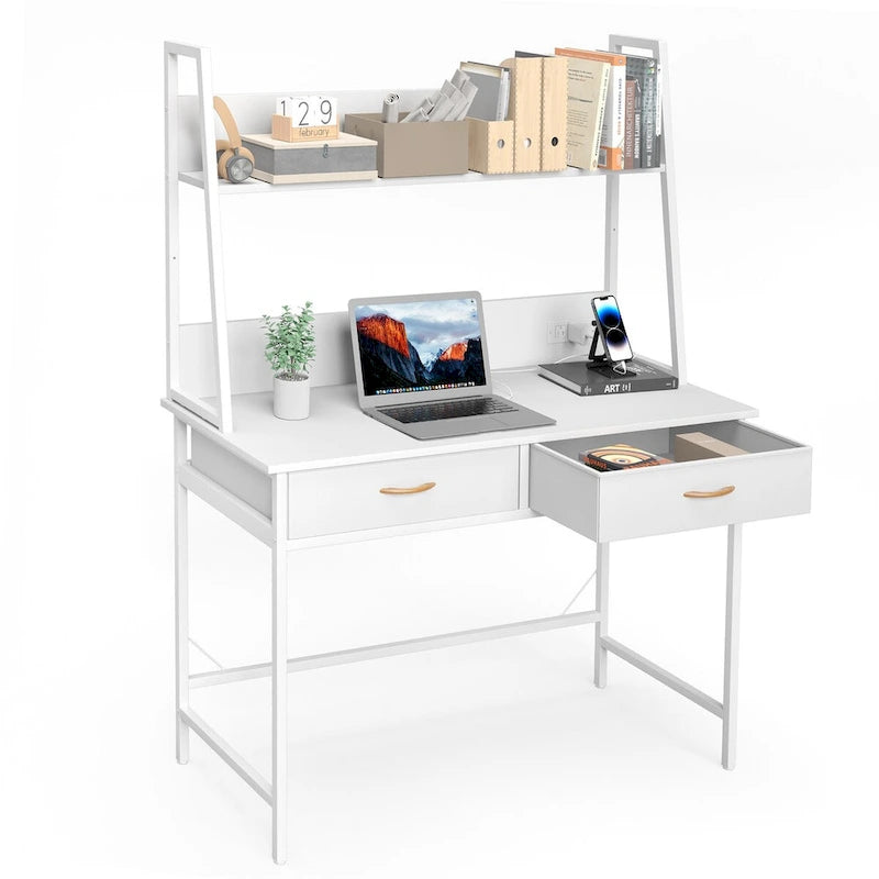 Computer Desk with Power Outlet, USB Ports & Bookshelf, 2 Fabric Drawers, 43.3" Wide, Home Office Study Desk