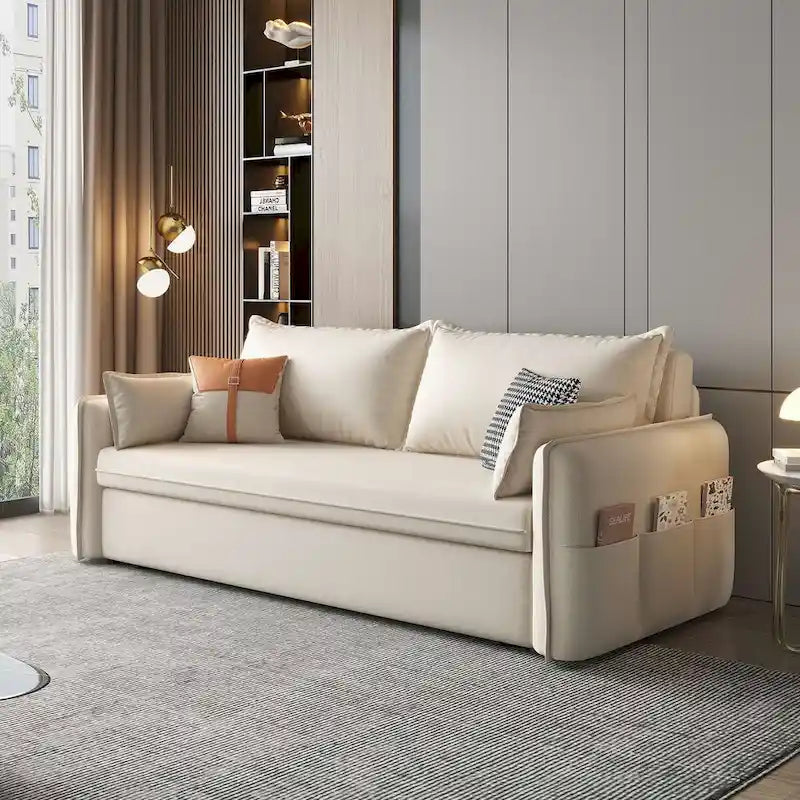 The sofa features a sturdy frame and a stylish, modern design. It has thick, soft foam cushions.