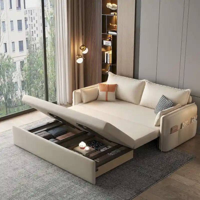 The sofa features a sturdy frame and a stylish, modern design. It has thick, soft foam cushions.