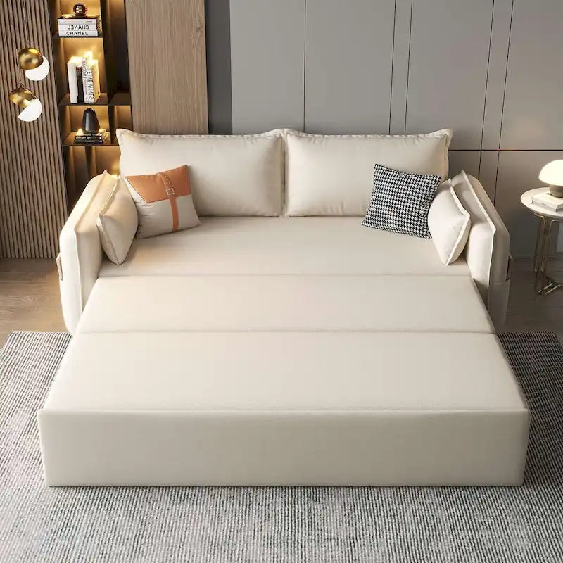 The sofa features a sturdy frame and a stylish, modern design. It has thick, soft foam cushions.