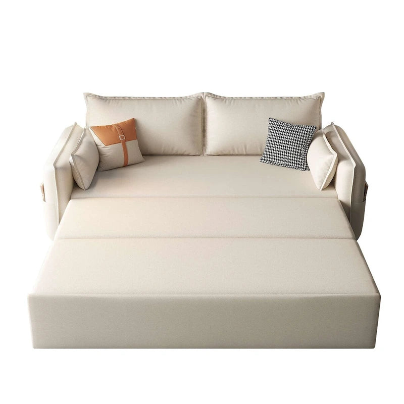 The sofa features a sturdy frame and a stylish, modern design. It has thick, soft foam cushions.