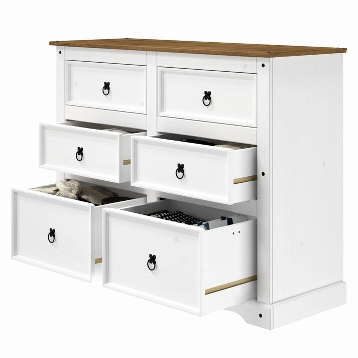 52.36 inches wide, this country-style storage cabinet features drawers in various sizes.