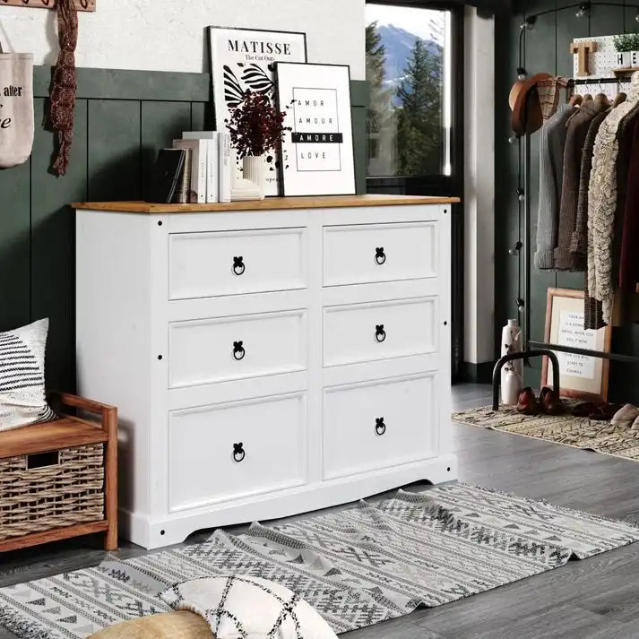 52.36 inches wide, this country-style storage cabinet features drawers in various sizes.
