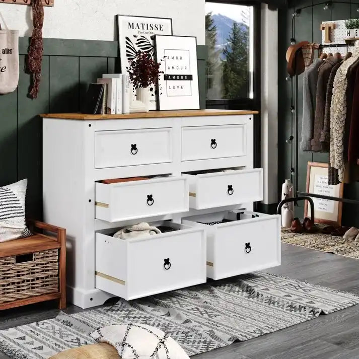 52.36 inches wide, this country-style storage cabinet features drawers in various sizes.
