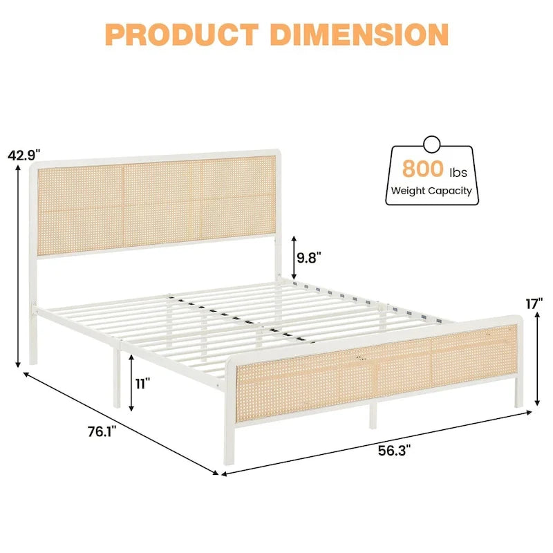 Rattan Style Bed Frame with Headboard & Footboard, Sturdy Metal Frame, Noise-Free Design, Easy Assembly