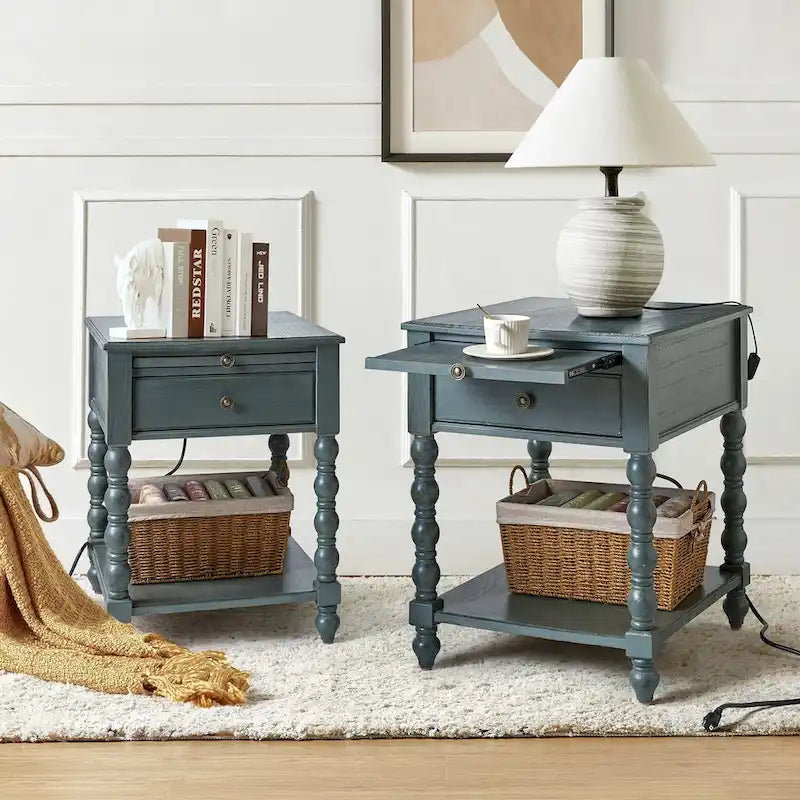 Solid Wood Extendable End Table with Built-in Charging Station & Slide-Out Tray, Farmhouse Style, 20"x24"