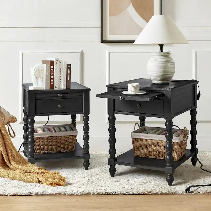 Solid Wood Extendable End Table with Built-in Charging Station & Slide-Out Tray, Farmhouse Style, 20"x24"