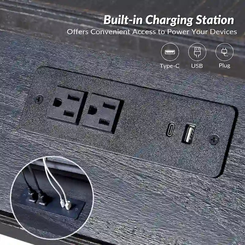 Solid Wood Extendable End Table with Built-in Charging Station & Slide-Out Tray, Farmhouse Style, 20"x24"