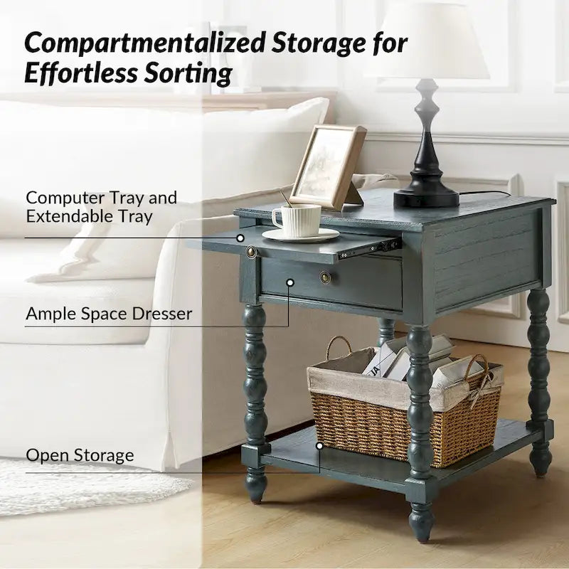 Solid Wood Extendable End Table with Built-in Charging Station & Slide-Out Tray, Farmhouse Style, 20"x24"