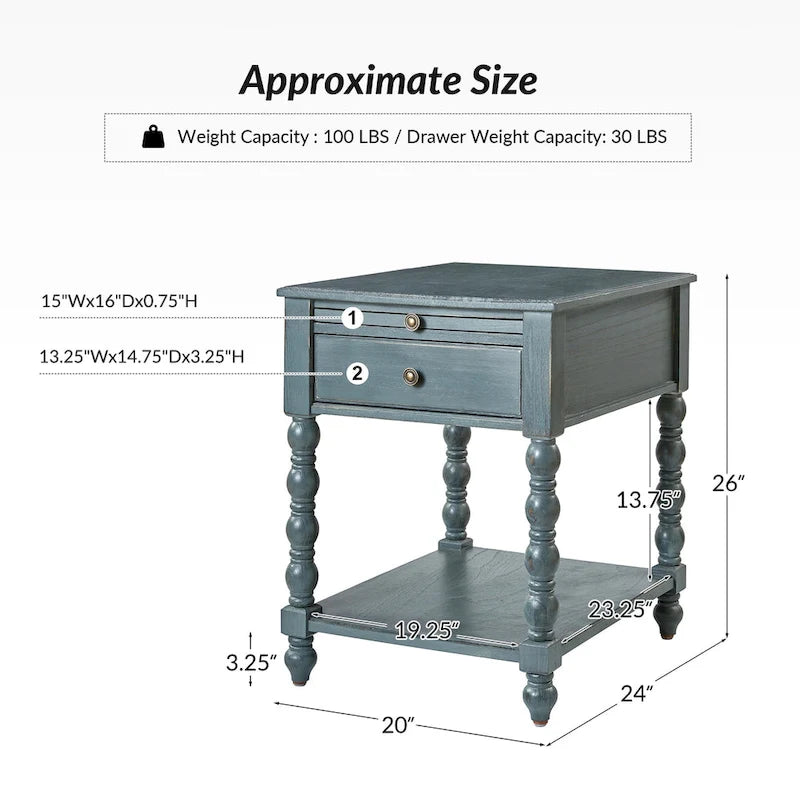 Solid Wood Extendable End Table with Built-in Charging Station & Slide-Out Tray, Farmhouse Style, 20"x24"