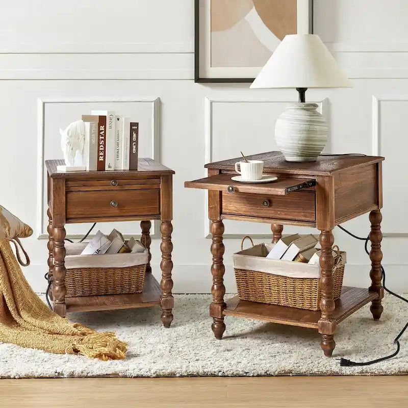 Solid Wood Extendable End Table with Built-in Charging Station & Slide-Out Tray, Farmhouse Style, 20"x24"