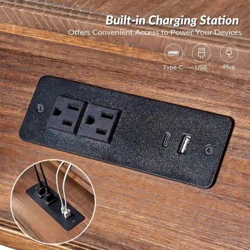 Solid Wood Extendable End Table with Built-in Charging Station & Slide-Out Tray, Farmhouse Style, 20"x24"