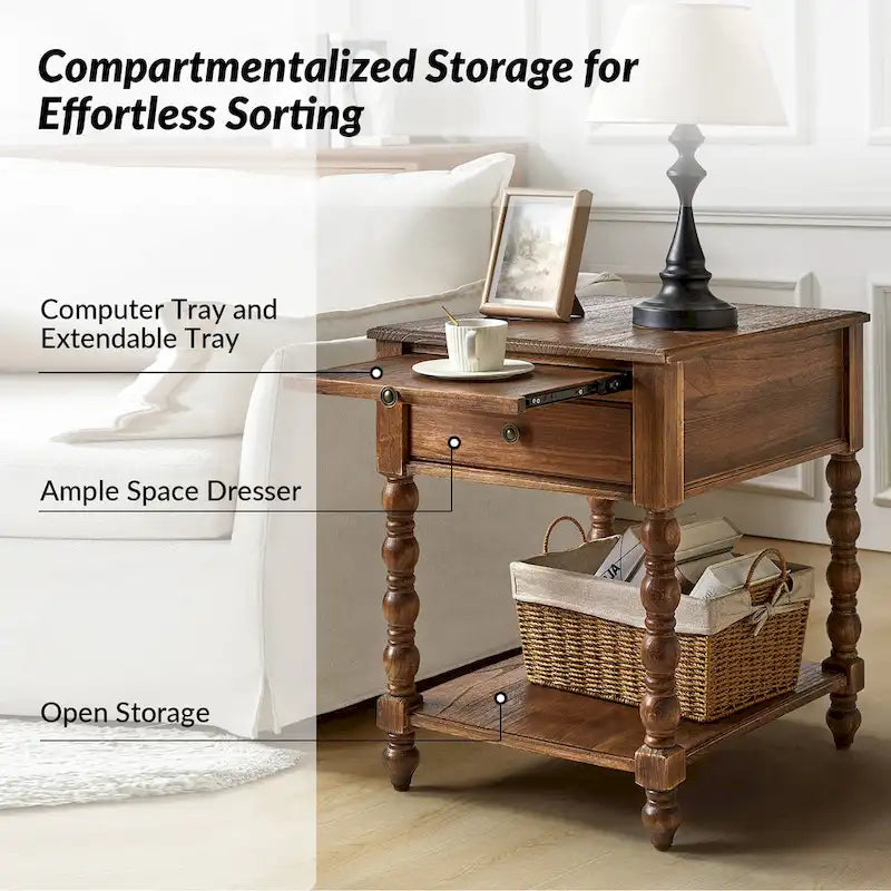 Solid Wood Extendable End Table with Built-in Charging Station & Slide-Out Tray, Farmhouse Style, 20"x24"