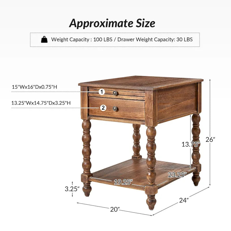Solid Wood Extendable End Table with Built-in Charging Station & Slide-Out Tray, Farmhouse Style, 20"x24"