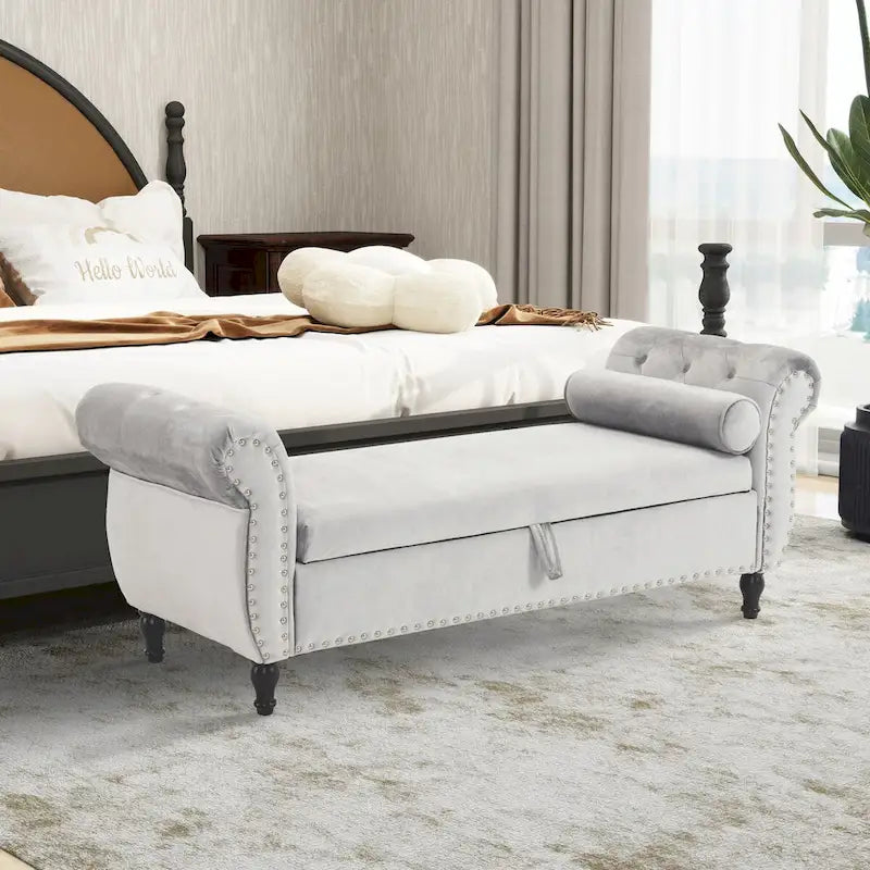 Velvet Storage Ottoman Bench with Nailhead Trim, 250 lb Capacity, 51.3" Long, Multifunctional Footstool & Seat