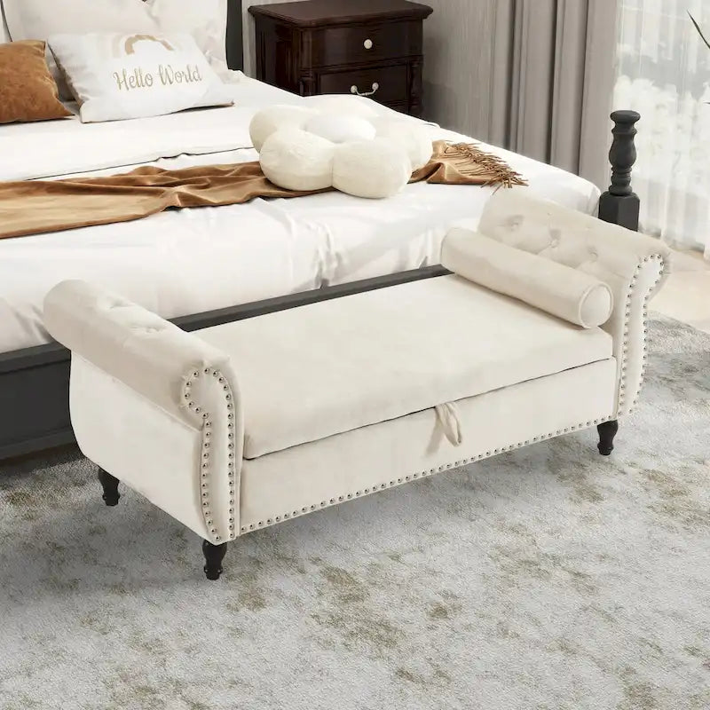 Velvet Storage Ottoman Bench with Nailhead Trim, 250 lb Capacity, 51.3" Long, Multifunctional Footstool & Seat