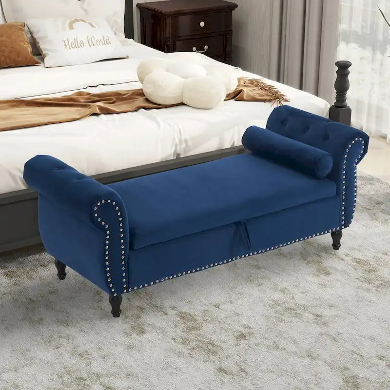 Velvet Storage Ottoman Bench with Nailhead Trim, 250 lb Capacity, 51.3" Long, Multifunctional Footstool & Seat