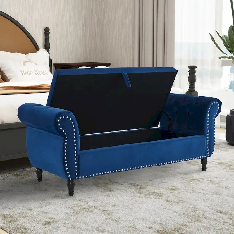 Velvet Storage Ottoman Bench with Nailhead Trim, 250 lb Capacity, 51.3" Long, Multifunctional Footstool & Seat