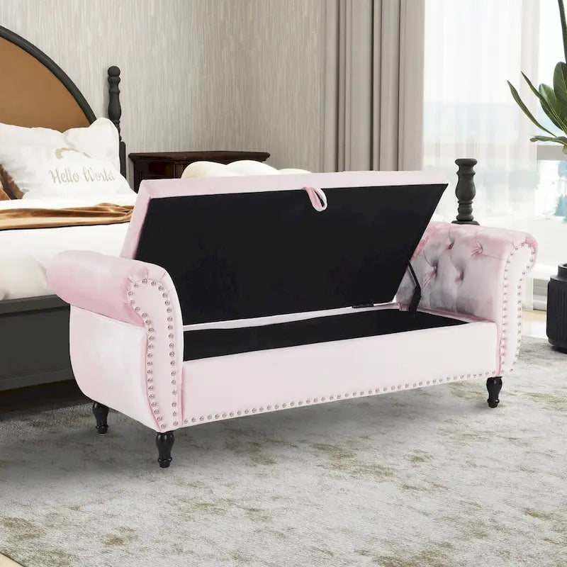 Velvet Storage Ottoman Bench with Nailhead Trim, 250 lb Capacity, 51.3" Long, Multifunctional Footstool & Seat
