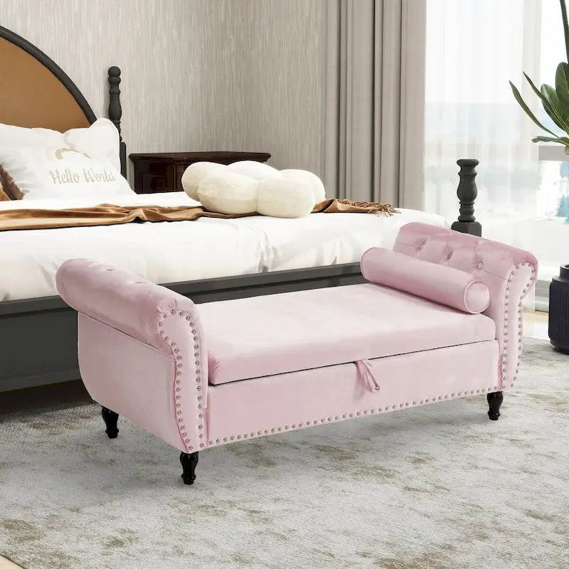 Velvet Storage Ottoman Bench with Nailhead Trim, 250 lb Capacity, 51.3" Long, Multifunctional Footstool & Seat