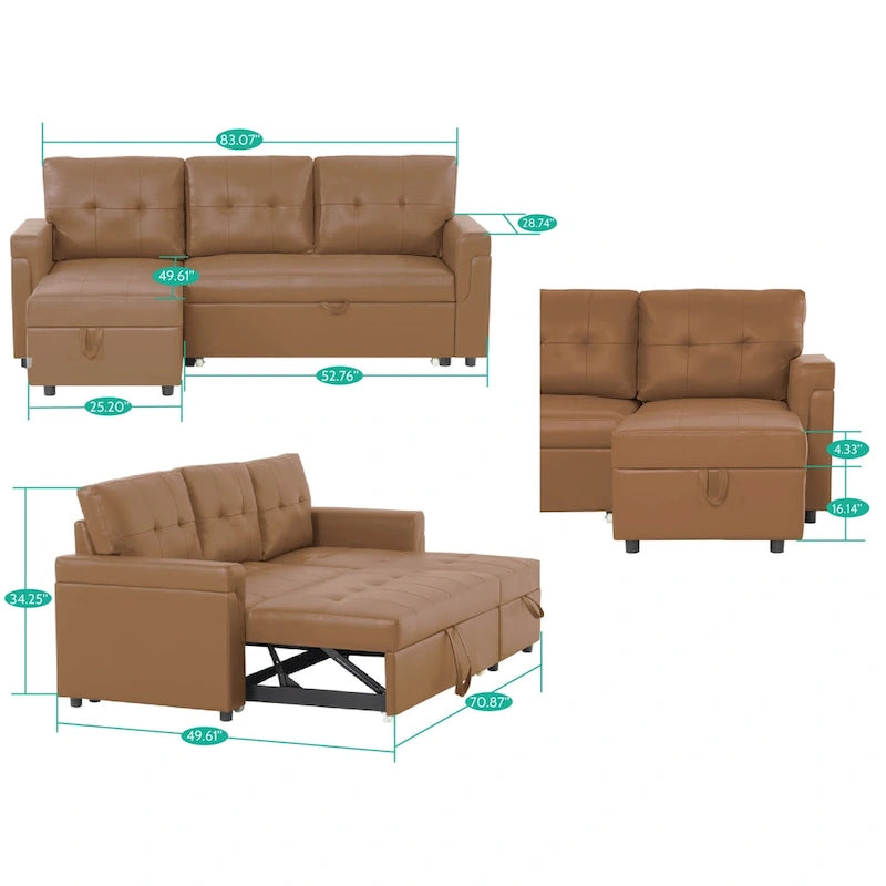 Reversible L-Shape Sleeper Sectional Sofa with Storage, Modern Convertible Sofa Bed for Living Room
