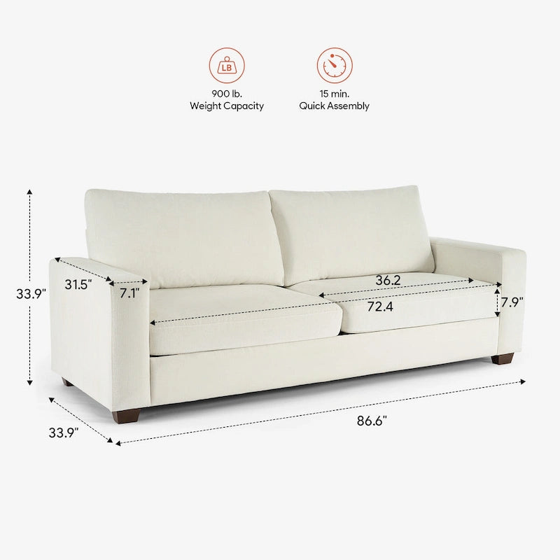 86.6" Wide 3-Seater Chenille Sofa, Supports 900 lbs, Removable Covers, 350GSM Fabric, Includes Pillows