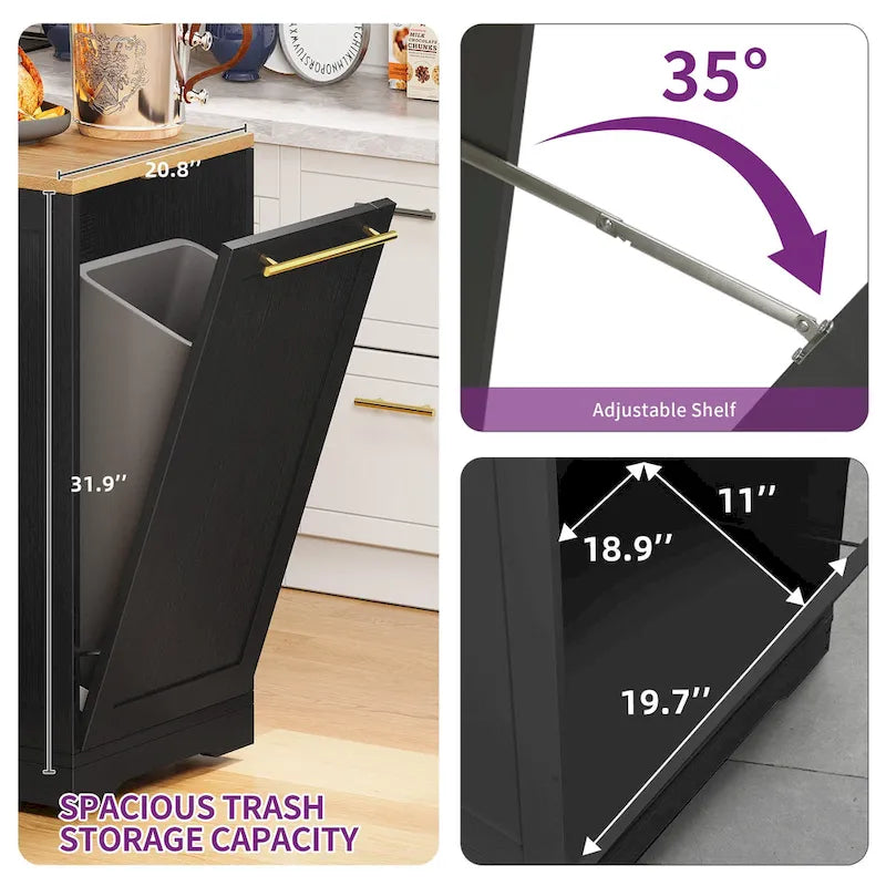 Tilt-Out Trash Can Cabinet for 13-Gallon Bin, with 2 Drawers & 3 Shelves, Locking Wheels, Kitchen Cart