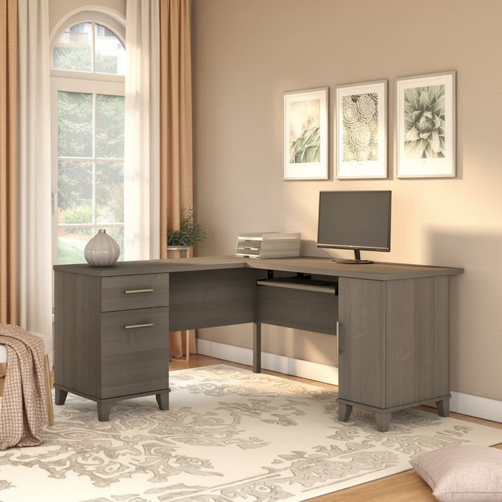 60W L-Shaped Corner Desk with Storage Cabinet, File Drawer & Keyboard Tray, Transitional Home Office Desk